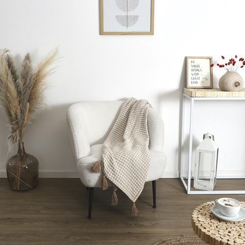 Plaid Nid D'abeille Et Pompom Collection Suzanna 125x150 Cm Beige Et Taupe