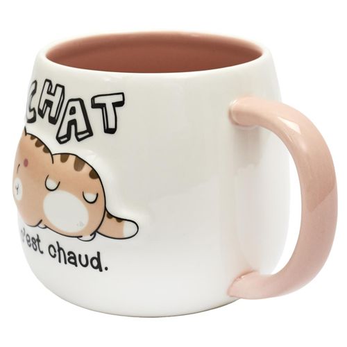 Mug En Céramique à Relief Breakfast 40 Cl Modèle "chat C'est Chaud" Marron