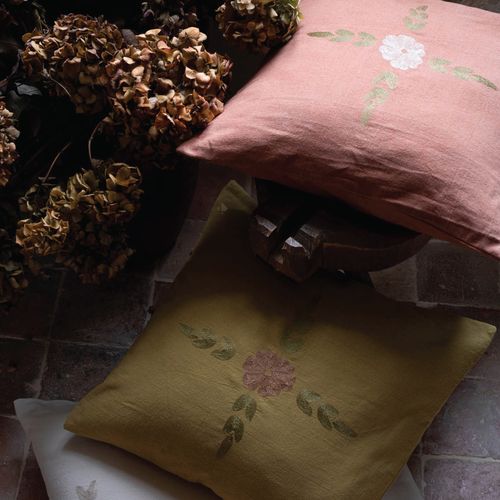 Housse De Coussin 50% Lin 50% Coton 45x45 Cm Leonie Jaune Jasmin Broderie Bouquet