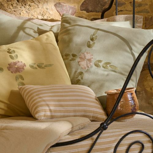 Housse De Coussin 50% Lin 50% Coton 45x45 Cm Leonie Jaune Jasmin Broderie Bouquet
