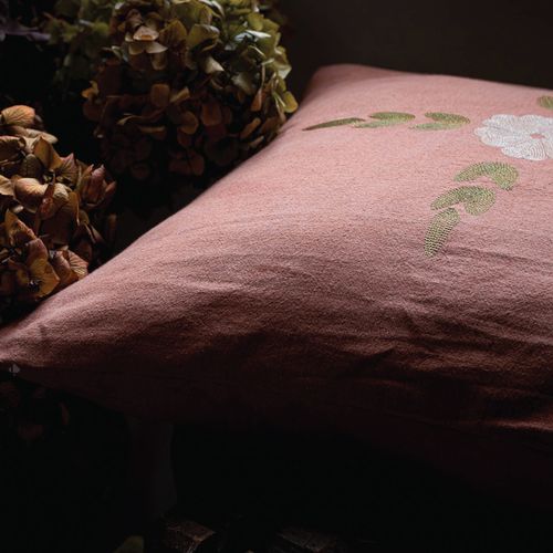 Housse De Coussin 50% Lin 50% Coton 45x45 Cm Leonie Jaune Jasmin Broderie Bouquet