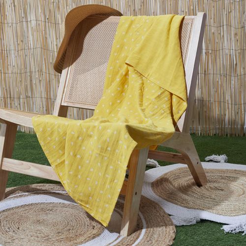 Plaid 120x150 Cm Lucie Gaze De Coton Motif Feuilles Jaune