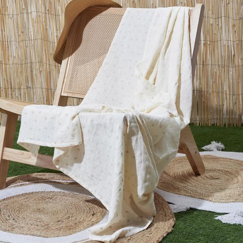 Plaid 120x150 Cm Lucie Gaze De Coton Motif Feuilles Blanc