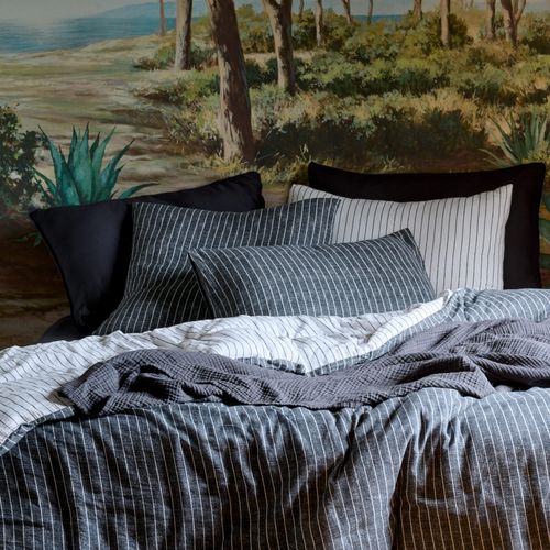 Housse De Couette Mousseline De Coton 260x240 Cm Lana à Rayures Caviar Et Neige