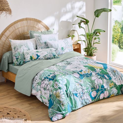 Housse De Couette 300x240 Cm Percale De Coton Bali Motif Floral Vert