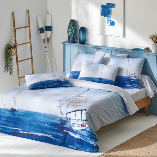 Parure De Lit 140x200 Cm 65x65 Cm Percale Regate Bleu 2 Pièces