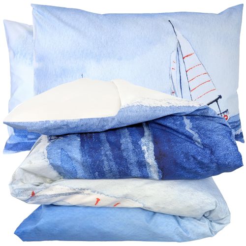 Parure De Lit 300x240 Cm 50x70 Cm Percale Regate Bleu 3 Pièces