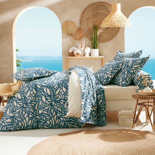 Drap Plat 180x290 Cm Coton Lavé Séréna Géométrique Bleu Beige