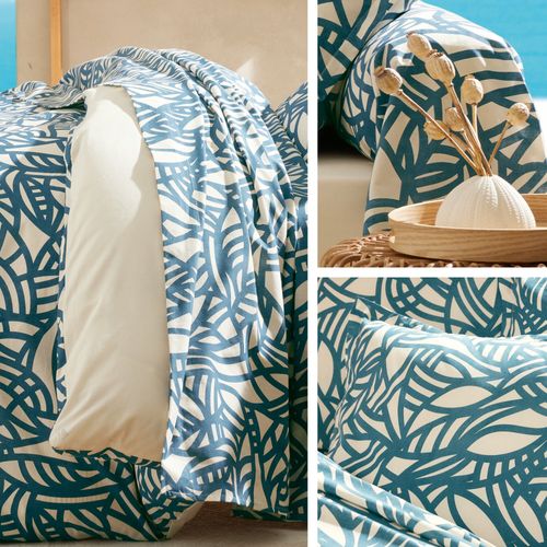 Parure 200x200 Cm 65x65 Cm Coton Serena Bleu Beige 3 Pièces