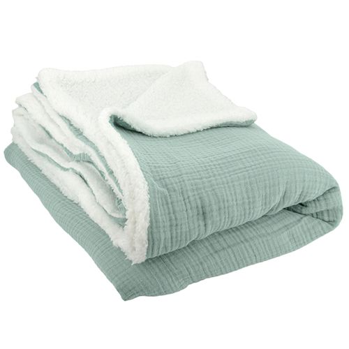 Plaid 130x170 Cm Double Gaze De Coton Gaze et Sherpa Vert Amande