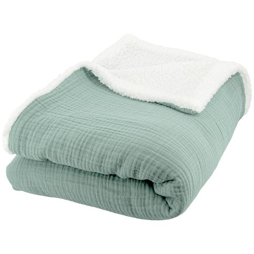 Plaid 130x170 Cm Double Gaze De Coton Gaze et Sherpa Vert Amande