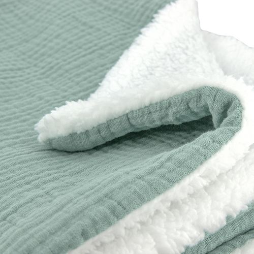 Plaid 130x170 Cm Double Gaze De Coton Gaze et Sherpa Vert Amande