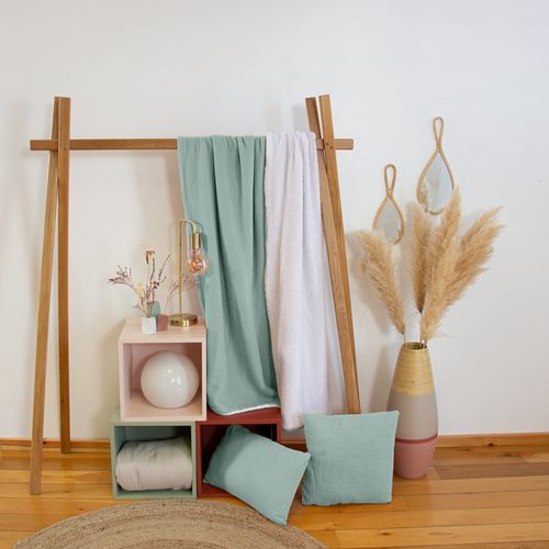 Plaid 130x170 Cm Double Gaze De Coton Gaze et Sherpa Vert Amande