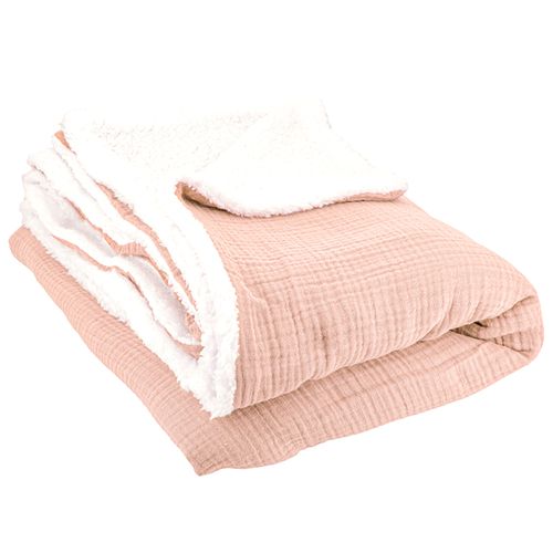 Plaid 130x170 Cm Double Gaze De Coton Gaze et Sherpa Rose Pêche
