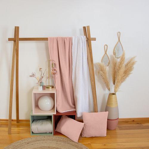 Plaid 130x170 Cm Double Gaze De Coton Gaze et Sherpa Rose Pêche