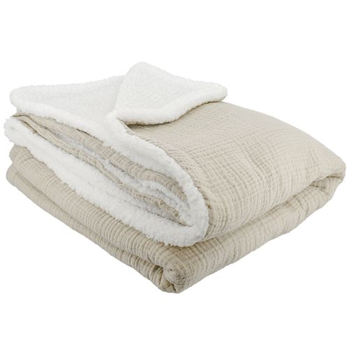Plaid 130x170 Cm Double Gaze De Coton Gaze et Sherpa Beige Galet