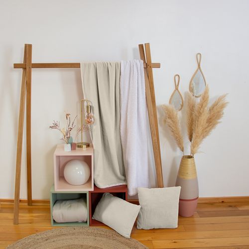 Plaid 130x170 Cm Double Gaze De Coton Gaze et Sherpa Beige Galet