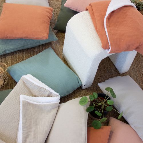 Plaid 130x170 Cm Double Gaze De Coton Gaze et Sherpa Beige Galet