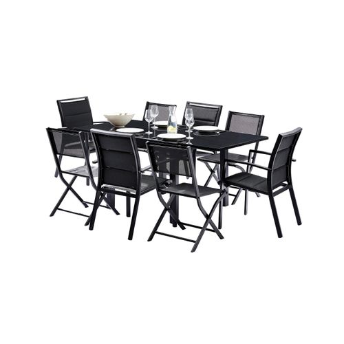Ensemble Modulo 4/8p En Alu Noir Et Verre Noir Modulable, 4 Fauteuils Et 4 Chaises Pliantes En Alu