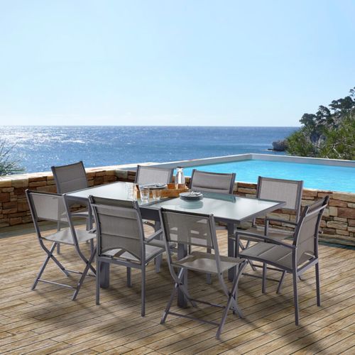Ensemble Modulo 4/8p En Alu Gris Et Verre Modulable, 4 Fauteuils Et 4 Chaises Pliantes En Alu