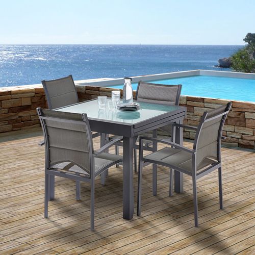Ensemble Modulo 4/8p En Alu Gris Et Verre Modulable, 4 Fauteuils Et 4 Chaises Pliantes En Alu