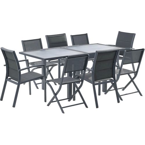 Ensemble Modulo 4/8p En Alu Gris Et Verre Modulable, 4 Fauteuils Et 4 Chaises Pliantes En Alu