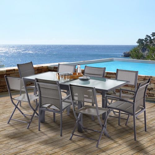 Table Modulo 4/8 Personnes Structure Grise En Aluminium, Plateau En Verre Semi-transparent
