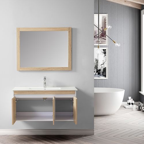 Ensemble De Salle De Bain Bois Et Blanc 99 Cm