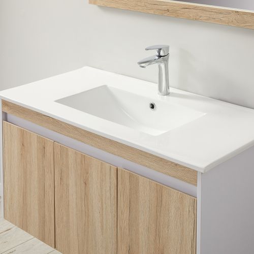 Ensemble De Salle De Bain Bois Et Blanc 99 Cm