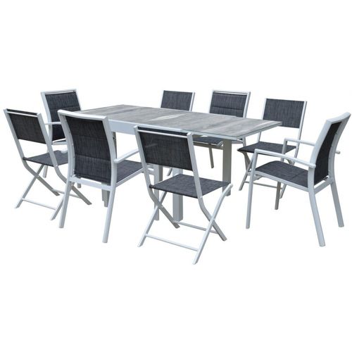 Ensemble Modulo 4/8p En Alu Blanc Et Verre, 4 Fauteuils En Textilène Et 4 Chaises Pliantes En Alu