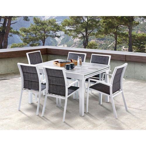 Ensemble Modulo 6/10p En Aluminium Blanc Et Verre Décors Bois Avec 6 Fauteuils En Textilène