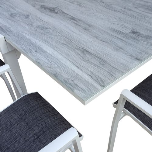 Ensemble Modulo 6/10p En Aluminium Blanc Et Verre Décors Bois Avec 6 Fauteuils En Textilène