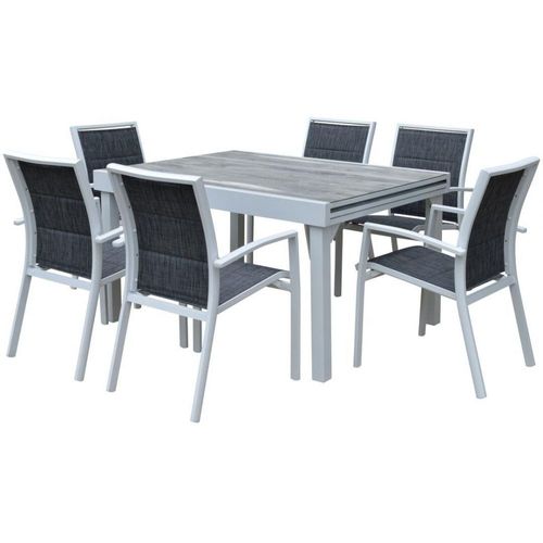 Ensemble Modulo 6/10p En Aluminium Blanc Et Verre Décors Bois Avec 6 Fauteuils En Textilène