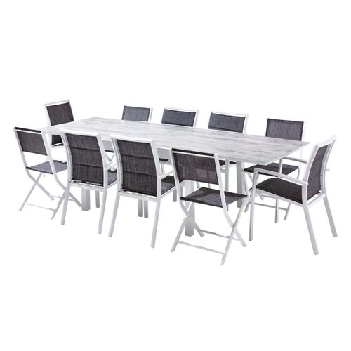 Ensemble Modulo 6/10p En Alu Blanc Et Verre, 6 Fauteuils En Textilène Et 4 Chaises Pliantes En Alu
