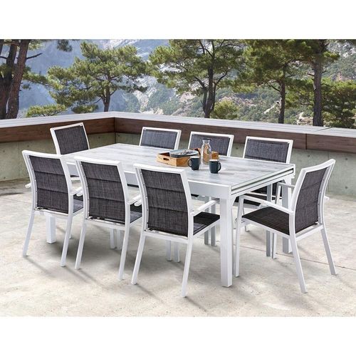 Ensemble Modulo 8/12p En Aluminium Blanc Et Verre Décors Bois Avec 8 Fauteuils En Textilène