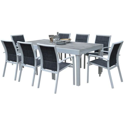 Ensemble Modulo 8/12p En Aluminium Blanc Et Verre Décors Bois Avec 8 Fauteuils En Textilène