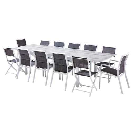 Ensemble Modulo 8/12p En Aluminium Blanc Et Verre Décors Bois Avec 12 Fauteuils En Textilène