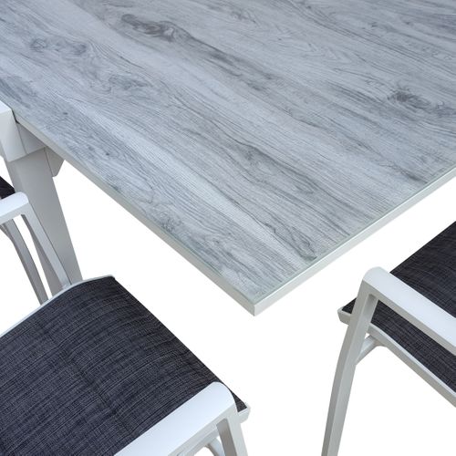 Ensemble Modulo 8/12p En Aluminium Blanc Et Verre Décors Bois Avec 12 Fauteuils En Textilène