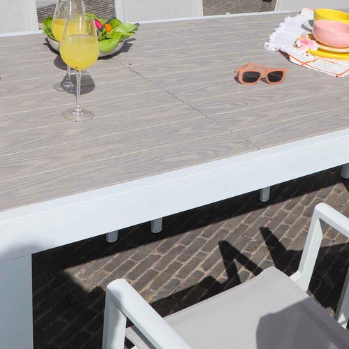 Ensemble Tulum 6/10p En Alu Blanc Et Plateau En Alu Décors Bois Avec 6 Fauteuils En Textilène