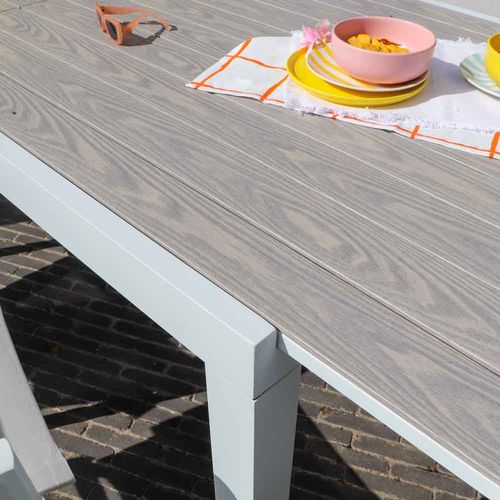 Ensemble Tulum 6/10p En Alu Blanc Et Plateau En Alu Décors Bois Avec 6 Fauteuils En Textilène