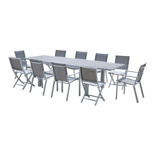 Ensemble Tulum 6/10p En Alu Blanc Et Plateau En Alu Décors Bois, 6 Fauteuils Et 4 Chaises Pliantes