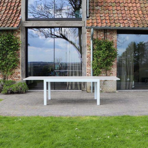 Ensemble Tulum 6/10p En Alu Blanc Et Plateau En Alu Décors Bois, 6 Fauteuils Et 4 Chaises Pliantes