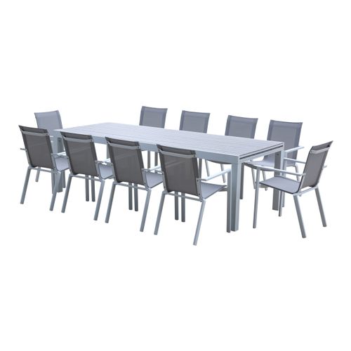 Ensemble Tulum 10/14p En Alu Blanc Et Plateau En Alu Décors Bois Avec 10 Fauteuils En Textilène