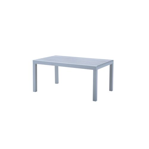 Table Tulum 6/10 Personnes Structure Aluminium Blanche, Plateau En Aluminium Décors Bois Gris