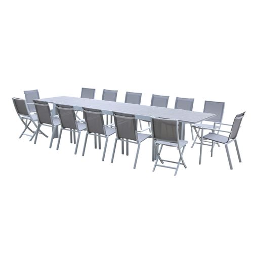 Table Tulum10/14 Personnes Structure Blanche, Plateau En Aluminium Décors Bois Gris