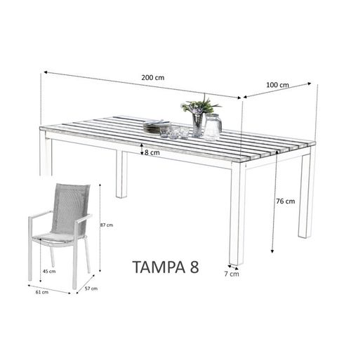 Table Tampa Fixe 8 Personnes Structure Aluminium Blanche, Plateau En Aluminium Décors Bois Gris