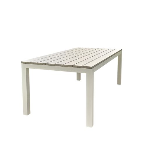 Table Tampa Fixe 8 Personnes Structure Aluminium Blanche, Plateau En Aluminium Décors Bois Gris