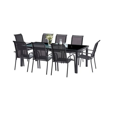 Ensemble Blackedition 8p En Aluminium, Plateau En Verre Trempé Opaque Avec 8 Fauteuils En Textilène