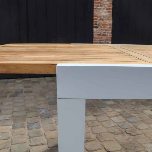 Ensemble Baliteck 6/10p En Aluminium Blanc, Plateau En Teck Avec 6 Fauteuils