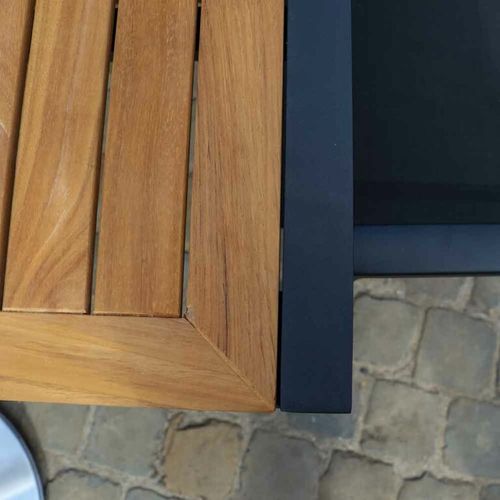 Ensemble Baliteck 6/10p En Aluminium Noir, Plateau En Teck Avec 6 Fauteuils